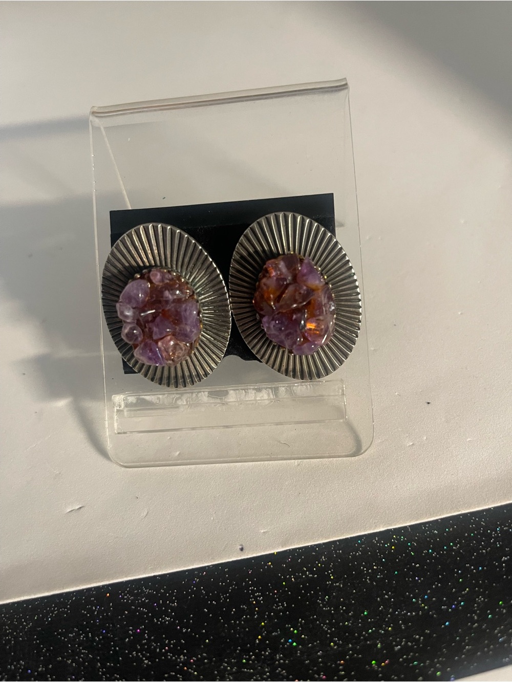 Sign Jan Michael San Francisco with Amethyst Crystal Cluster clip earring